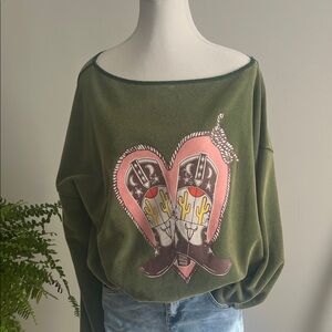 Easel Olive Off-the-Shoulder Sweater with Pink Graphic